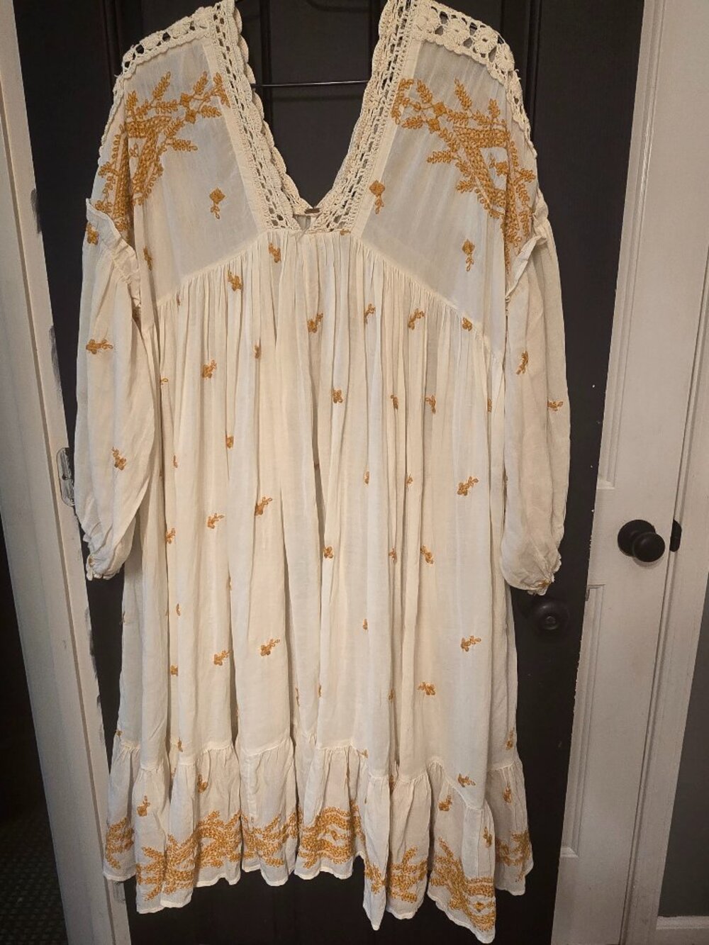 Free People- Boho Embroidered Cream Cotton Dress with Mustard Accents